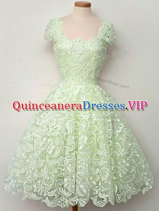 Lace Straps Cap Sleeves Lace Up Lace Quinceanera Court Dresses in Yellow Green
