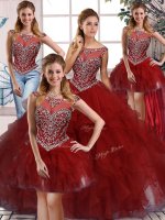 Burgundy Organza Zipper Sweet 16 Quinceanera Dress Sleeveless Floor Length Beading and Ruffles