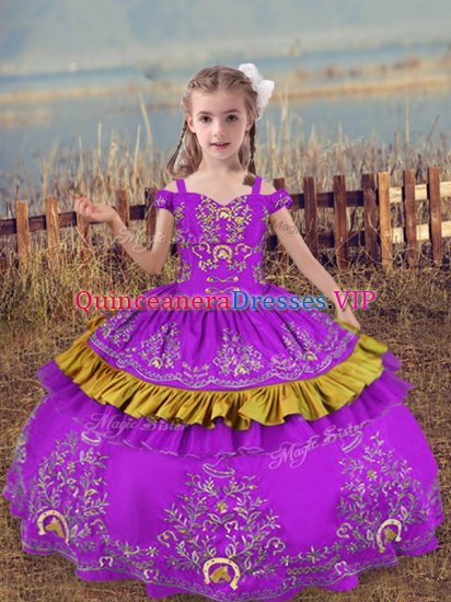 Purple Off The Shoulder Neckline Beading and Embroidery Little Girls Pageant Gowns Sleeveless Lace Up - Click Image to Close
