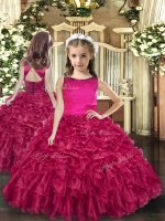 Amazing Scoop Sleeveless Glitz Pageant Dress Floor Length Ruffles Fuchsia Organza