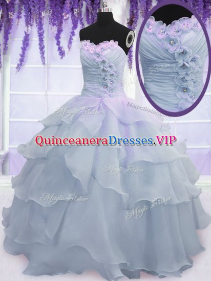 High Class Light Blue Ball Gowns Sweetheart Sleeveless Organza Floor Length Lace Up Ruffled Layers and Ruching and Hand Made Flower 15th Birthday Dress - Click Image to Close