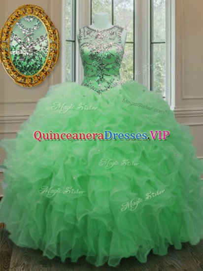 Clearance Scoop Green Ball Gowns Beading and Ruffles Quinceanera Gowns Lace Up Organza Sleeveless Floor Length - Click Image to Close