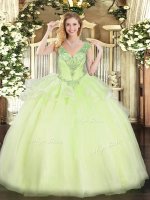 Yellow Green Tulle Lace Up V-neck Sleeveless Floor Length Sweet 16 Dress Beading(SKU SJQDDT1249002-1BIZ)