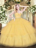 Gold Zipper Ball Gown Prom Dress Beading and Lace and Ruffled Layers Sleeveless Floor Length