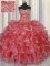 Visible Boning Sleeveless Organza Floor Length Lace Up Quince Ball Gowns in Coral Red with Beading and Ruffles