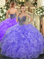 Suitable Organza Sweetheart Sleeveless Lace Up Beading and Ruffles Vestidos de Quinceanera in Lavender