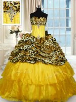 Decent Gold Ball Gowns Organza and Printed Sweetheart Sleeveless Beading and Ruffled Layers Lace Up Sweet 16 Dress Sweep Train