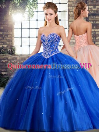 Blue Lace Up Sweetheart Beading Quinceanera Gowns Tulle Sleeveless Brush Train