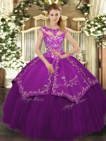 Unique Scoop Cap Sleeves Lace Up Sweet 16 Dresses Eggplant Purple Satin and Tulle(SKU SJQDDT1176002-3BIZ)