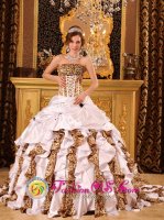Albox Spain Taffeta and Leopard Ruffles Beaded Decorate Bust Droped Waist Ball Gown Brush Train For Quinceanera Dress