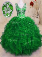 Green Quinceanera Gowns Military Ball and Sweet 16 and Quinceanera with Beading and Embroidery and Ruffles V-neck Sleeveless Zipper