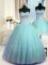 Low Price Three Piece Blue Lace Up Quince Ball Gowns Beading Sleeveless Floor Length