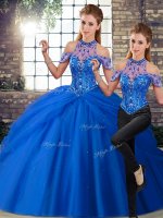 Customized Sleeveless Beading and Pick Ups Lace Up Quince Ball Gowns with Blue Brush Train
