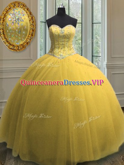 Noble Floor Length Gold 15th Birthday Dress Tulle Sleeveless Beading and Sequins - Click Image to Close