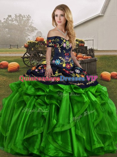 Low Price Green Lace Up Off The Shoulder Embroidery and Ruffles 15 Quinceanera Dress Organza Sleeveless - Click Image to Close