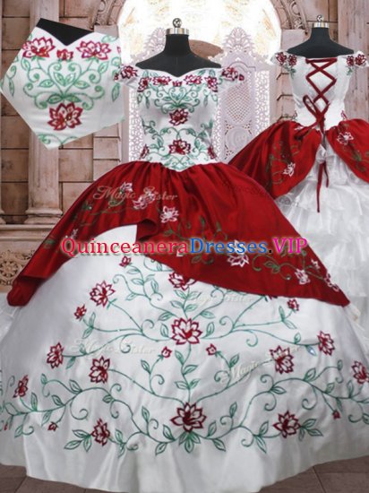Flirting White And Red Sweet 16 Quinceanera Dress Military Ball and Sweet 16 and Quinceanera with Embroidery and Ruffled Layers Off The Shoulder Sleeveless Lace Up - Click Image to Close