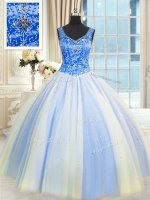 High End Blue And White Sleeveless Beading and Sequins Floor Length Sweet 16 Quinceanera Dress