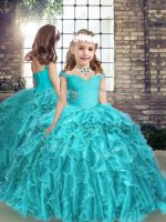 Beading and Ruffles Little Girl Pageant Dress Aqua Blue Lace Up Sleeveless Floor Length