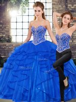 Beautiful Royal Blue Sweetheart Neckline Beading and Ruffles Vestidos de Quinceanera Sleeveless Lace Up