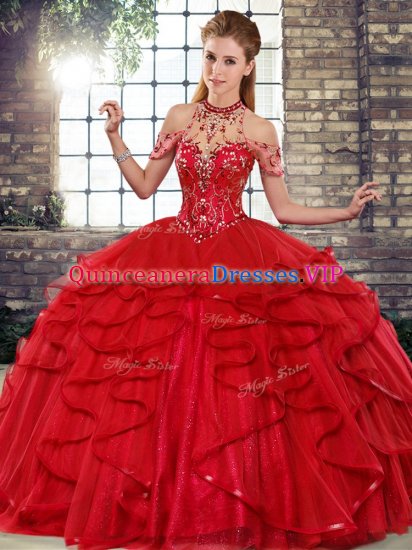 Popular Red Ball Gowns Halter Top Sleeveless Tulle Floor Length Lace Up Beading and Ruffles Sweet 16 Quinceanera Dress - Click Image to Close