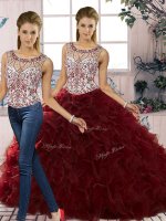 Custom Design Burgundy Sleeveless Organza Lace Up Quince Ball Gowns for Military Ball and Sweet 16 and Quinceanera