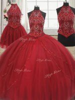 Three Piece Tulle Halter Top Sleeveless Court Train Lace Up Beading 15 Quinceanera Dress in Red