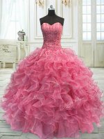 Nice Floor Length Lace Up Vestidos de Quinceanera Rose Pink for Military Ball and Sweet 16 and Quinceanera with Beading and Ruffles