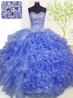 Blue Lace Up Sweetheart Beading and Ruffles and Pick Ups Quinceanera Dress Organza Sleeveless