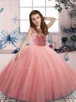 Cute Scoop Sleeveless Kids Pageant Dress Floor Length Beading Watermelon Red Tulle