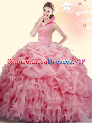 High-neck Sleeveless Organza Military Ball Dresses Beading and Ruffles and Pick Ups Brush Train Backless