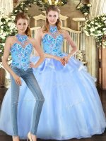 Glamorous Blue Halter Top Neckline Embroidery Quinceanera Gowns Sleeveless Lace Up