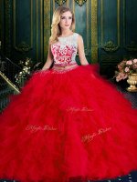 Inexpensive Scoop Red Zipper Quince Ball Gowns Lace and Ruffles Sleeveless Floor Length