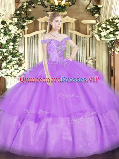 Lavender Organza Lace Up Sweet 16 Quinceanera Dress Sleeveless Floor Length Beading and Ruffled Layers - Click Image to Close