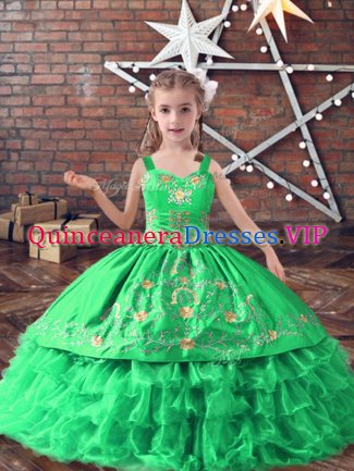 Green Lace Up Little Girls Pageant Dress Wholesale Embroidery and Ruffled Layers Sleeveless Floor Length