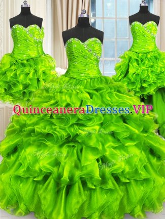 Four Piece Organza Lace Up Party Dress Wholesale Sleeveless Floor Length Beading and Ruffles and Ruching