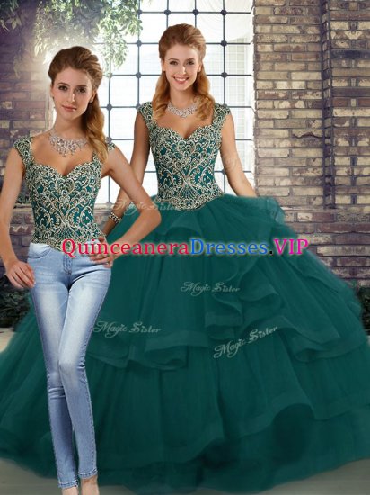 Noble Straps Sleeveless Quinceanera Dresses Floor Length Beading and Ruffles Peacock Green Tulle - Click Image to Close