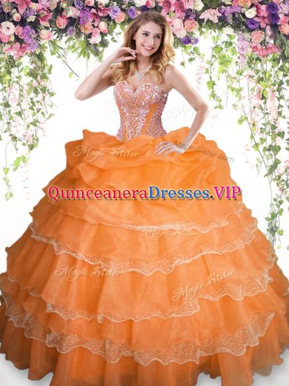 Dramatic Orange Quinceanera Gowns Military Ball and Sweet 16 and Quinceanera with Beading and Ruffled Layers and Pick Ups Sweetheart Sleeveless Lace Up - Click Image to Close