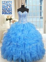 Beading and Ruffles and Ruffled Layers Quince Ball Gowns Baby Blue Lace Up Sleeveless Floor Length