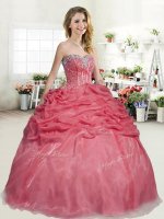 Glamorous Coral Red Organza Lace Up Quinceanera Dresses Sleeveless Floor Length Beading and Pick Ups