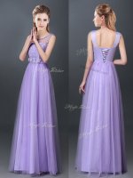 Extravagant Tulle Scoop Sleeveless Lace Up Lace and Hand Made Flower Quinceanera Court Dresses in Lavender