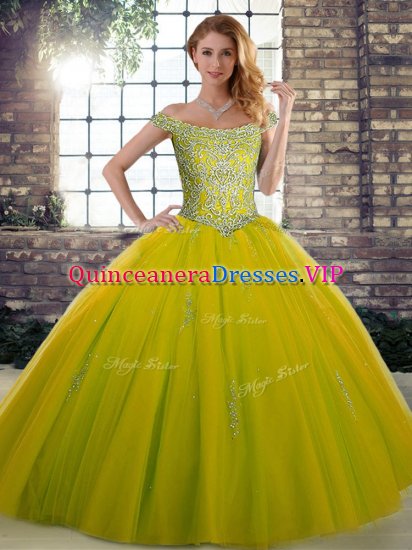 Floor Length Olive Green Quince Ball Gowns Off The Shoulder Sleeveless Lace Up - Click Image to Close