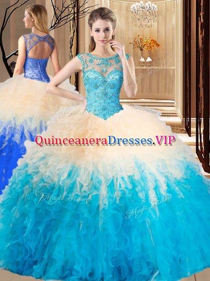 Floor Length Backless Quince Ball Gowns Multi-color for Prom and Military Ball and Sweet 16 and Quinceanera with Beading and Ruffles - Click Image to Close