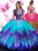 Multi-color Lace Up Quinceanera Gowns Beading and Ruffled Layers Sleeveless Floor Length