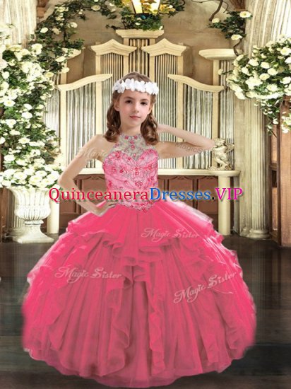 Nice Hot Pink Tulle Lace Up Kids Formal Wear Sleeveless Floor Length Beading and Ruffles - Click Image to Close