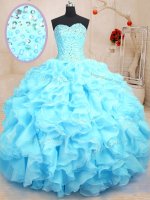 Clearance Baby Blue Organza Lace Up Sweetheart Sleeveless Floor Length Quinceanera Dress Beading and Ruffles