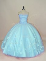 High End Sweetheart Sleeveless Quinceanera Gowns Floor Length Beading and Hand Made Flower Aqua Blue Tulle