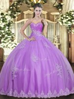 Lovely Lilac Tulle Lace Up Sweetheart Sleeveless Floor Length Quinceanera Dress Beading and Appliques