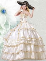 White Taffeta Lace Up Sweetheart Sleeveless Floor Length Sweet 16 Dresses Embroidery and Ruffled Layers(SKU XFQD1361BIZ)