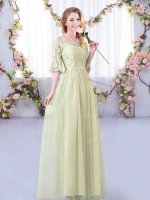 Sexy Yellow Green Tulle Side Zipper Dama Dress Half Sleeves Floor Length Lace and Belt