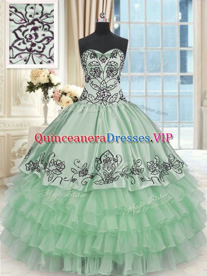 Excellent Sweetheart Sleeveless Quinceanera Dresses Floor Length Beading and Embroidery and Ruffled Layers Apple Green Organza and Taffeta - Click Image to Close